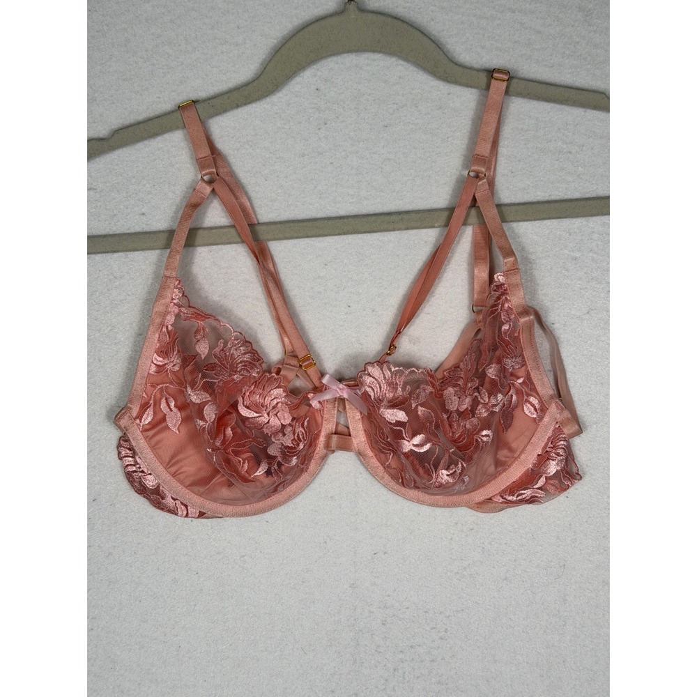 Hustler Underwire Bra Womens 36C Pink Floral Embroidered Strappy‎ Caged Lingerie